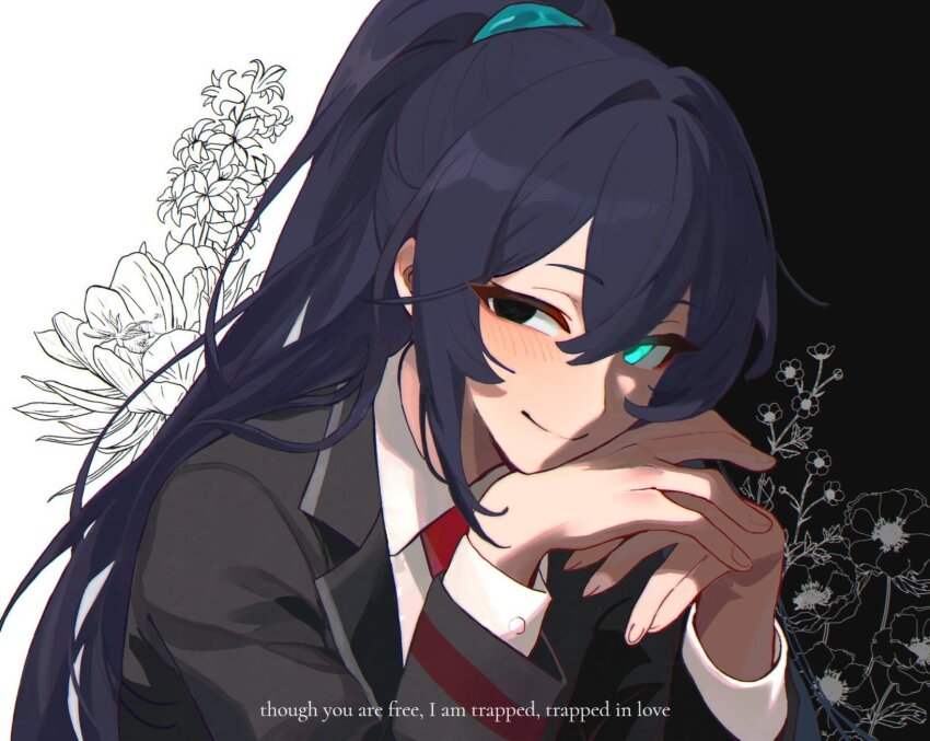anemone_(flower) buttercup_(flower) epiphyllum eye_black flower hair_tie hands_under_chin heterochromia highres hong_lu_(project_moon) hyacinth lapels limbus_company looking_at_viewer necktie notched_lapels past_desiderium project_moon red_necktie sidelighting smile