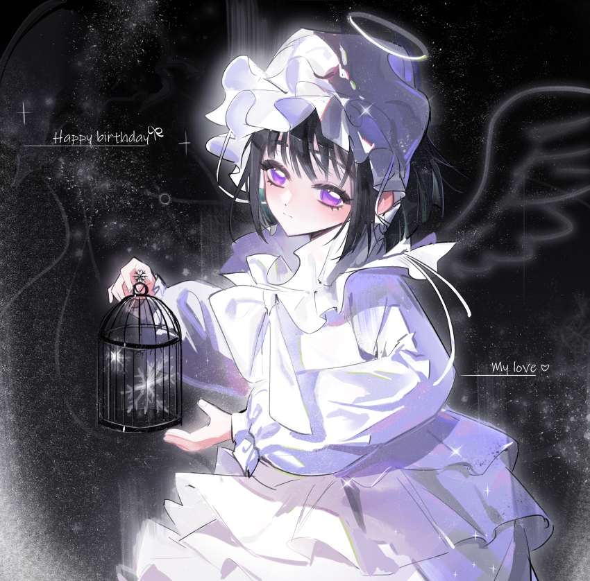 1girl absurdres aged_down alien_stage black_hair bonnet cage chinese_commentary commentary_request dress english_text frilled_bonnet frills halo happy_birthday highres holding holding_cage long_sleeves partial_commentary purple_eyes short_hair snowflakes solo sua_(alien_stage) timoteu white_dress wings