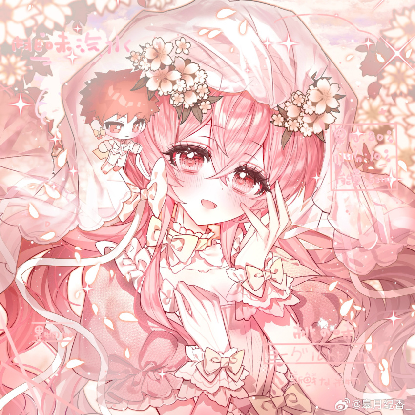 1boy 1girl blush bow breasts bride couple dress emiya_shirou fate/stay_night fate_(series) flower formal_clothes frilled_dress frills gloves groom hair_flower hair_ornament heart highres holding husband_and_husband igote jacket jewelry long_hair long_sleeves looking_at_viewer momomiya_shizuku_(gaoyue_jixiang) non-web_source oc_x_canon open_mouth orange_hair original pants petals pink_bow pink_dress pink_eyes pink_gloves pink_hair pink_ribbon red_flower red_hair red_rose ribbon rose rose_petals short_hair simple_background skirt sleeveless sleeveless_dress smile suit triangular_headpiece twintails two-sided_fabric two-sided_jacket vest wedding wedding_dress white_flower white_pants white_suit white_vest yellow_flower