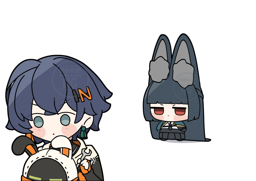 1other 2girls absurdly_long_hair absurdres animal_ear_fluff animal_ears aqua_capelet bangboo_(zenless_zone_zero) belle_(zenless_zone_zero) black_hair black_necktie black_skirt blue_hair blunt_bangs blunt_ends chibi closed_mouth commentary_request dot_mouth eous_(zenless_zone_zero) gloves green_eyes hair_ornament highres hime_cut holding holding_wrench hoshimi_miyabi jitome long-eared_miyabi_(meme) long_hair meme multiple_girls necktie orange_gloves red_eyes shinonome_nashi shirt simple_background skirt very_long_ears very_long_hair watermark white_background white_shirt wrench zenless_zone_zero