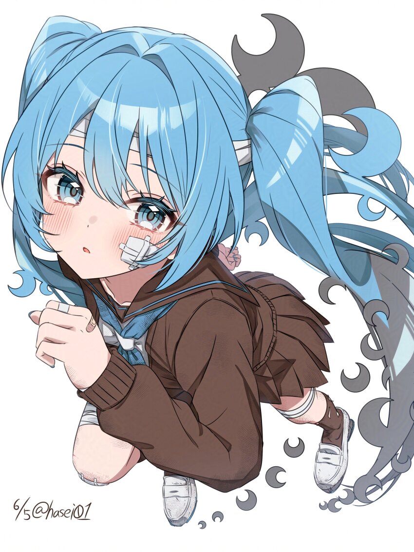 1girl absurdres bandaged_fingers bandaged_head bandaged_leg bandages bandaid bandaid_on_cheek bandaid_on_face bandaid_on_hand bandaid_on_knee bandaid_on_leg blue_eyes blue_hair blue_neckerchief blush brown_sailor_collar brown_serafuku brown_shirt brown_skirt brown_socks crescent dated from_above full_body hasei_(hasei01) hashtag-only_commentary hatsune_miku highres long_hair long_sleeves looking_at_viewer nail_polish neckerchief open_mouth running sailor_collar school_uniform serafuku shirt shoes simple_background skirt socks solo twintails twitter_username vocaloid white_background white_shoes