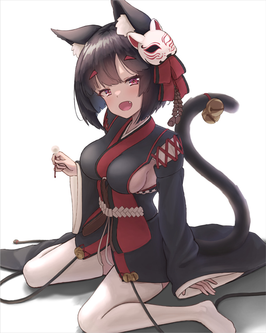 1girl :d animal_ears azur_lane bell black_hair black_kimono blush breasts cat_ears cat_girl cat_mask cat_tail coariouse commentary_request detached_sleeves fang from_above full_body hair_between_eyes hair_ribbon highres japanese_clothes kimono long_sleeves looking_at_viewer looking_up mask mask_on_head medium_breasts medium_hair open_mouth pink_eyes red_ribbon ribbon sideboob sideboob_cutout single_ear_down sitting smile solo tail tail_bell tail_ornament thighhighs wide_sleeves yamashiro_(azur_lane)