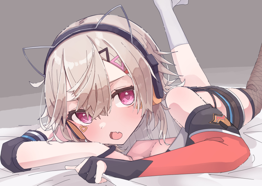 1girl animal_ear_headphones animal_ears asymmetrical_legwear blonde_hair bracelet breasts cat_ear_headphones cleavage cleavage_cutout clothing_cutout double-parted_bangs elbow_gloves facial_mark fake_animal_ears feet_up fishnet_thighhighs fishnets gloves hair_between_eyes hair_ornament hairpin headphones highres jewelry komori_met komori_met_(5th_costume) looking_at_viewer lying multiple_hairpins on_stomach open_mouth panty_straps partially_fingerless_gloves pink_eyes rezin531 shirt short_shorts shorts single_elbow_glove single_fishnet_legwear single_sock single_thighhigh sleeveless sleeveless_shirt small_breasts socks solo thighhighs triangle_hair_ornament virtual_youtuber vspo! white_socks