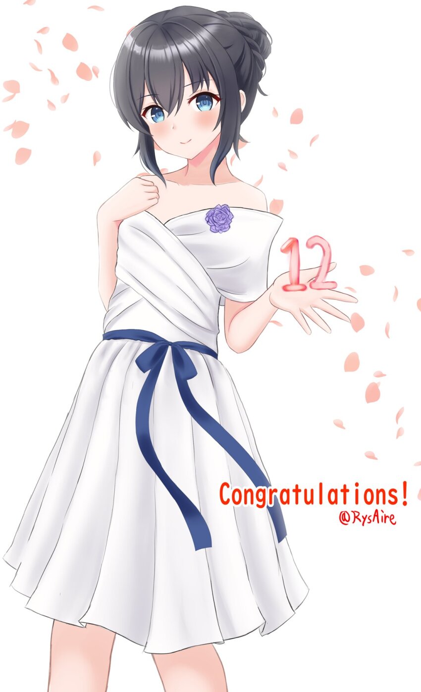 1girl alternate_costume ame-san anniversary asashio_(kancolle) black_eyes blue_eyes blue_ribbon dress feet_out_of_frame hair_between_eyes highres kantai_collection long_hair off-shoulder_dress off_shoulder ribbon solo twitter_username