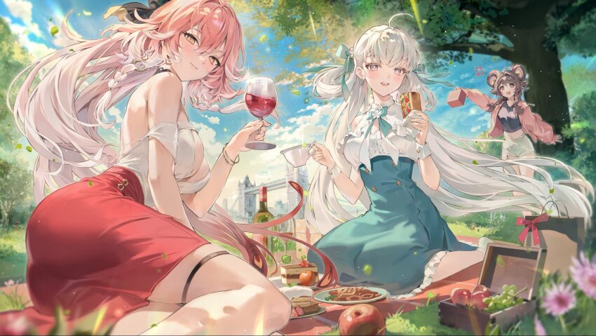 3girls apple ass bare_shoulders black_shirt blue_sky bottle breasts brown_hair cake changli_(wuthering_waves) closed_mouth colored_eyelashes commentary cup day drinking_glass english_commentary feather_hair food fruit green_ribbon green_skirt hair_between_eyes hair_ribbon high-waist_skirt highres holding holding_cup holding_food holding_sandwich jacket jinhsi_(wuthering_waves) large_breasts long_hair looking_at_viewer lumi_(wuthering_waves) multicolored_hair multiple_girls off-shoulder_shirt off_shoulder outdoors picnic pink_hair pink_jacket red_skirt ribbon sandwich shirt skirt sky smile thigh_strap two-tone_hair very_long_hair white_eyelashes white_eyes white_hair white_shirt white_wrist_cuffs wrist_cuffs wuthering_waves yeonwa