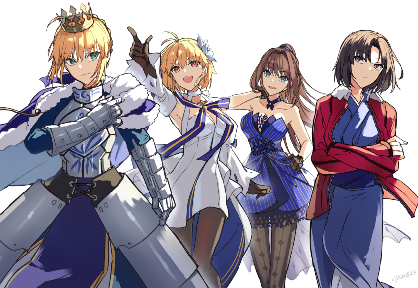 4girls ahoge aozaki_aoko arcueid_brunestud arcueid_brunestud_(mooncancer) armor armored_dress artoria_pendragon_(fate) bare_shoulders black_gloves black_pantyhose blonde_hair blue_cape blue_dress blue_eyes blue_kimono blue_ribbon blue_skirt blush braid breastplate breasts brown_hair brown_pantyhose cape carimarica cleavage collarbone crossed_arms crown detached_sleeves dress fate/grand_order fate/stay_night fate_(series) faulds flower french_braid fur-trimmed_cape fur_trim gauntlets gloves green_eyes grey_eyes hair_bun hair_flower hair_intakes hair_ornament hair_ribbon high_ponytail jacket japanese_clothes juliet_sleeves kara_no_kyoukai kimono large_breasts long_hair long_skirt long_sleeves looking_at_viewer mahou_tsukai_no_yoru medium_breasts multicolored_skirt multiple_girls open_mouth pantyhose parted_bangs ponytail puffy_sleeves red_eyes red_jacket ribbon ryougi_shiki saber_(fate) sash short_hair sidelocks skirt smile thighs tsukihime white_dress white_skirt