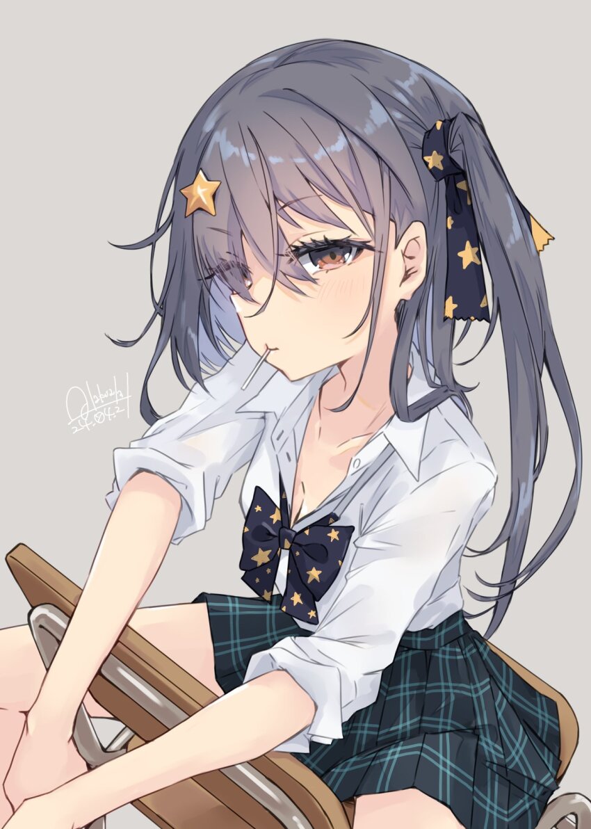 1girl alakoala alternate_costume black_bow black_bowtie black_hair bow bowtie brown_eyes candy chair collared_shirt dated food grey_background hair_between_eyes hair_ornament hair_ribbon highres kantai_collection lollipop long_hair looking_at_viewer mouth_hold plaid pleated_skirt ribbon scamp_(kancolle) school_chair school_uniform shirt signature skirt solo spread_legs star_(symbol) star_hair_ornament star_print white_shirt