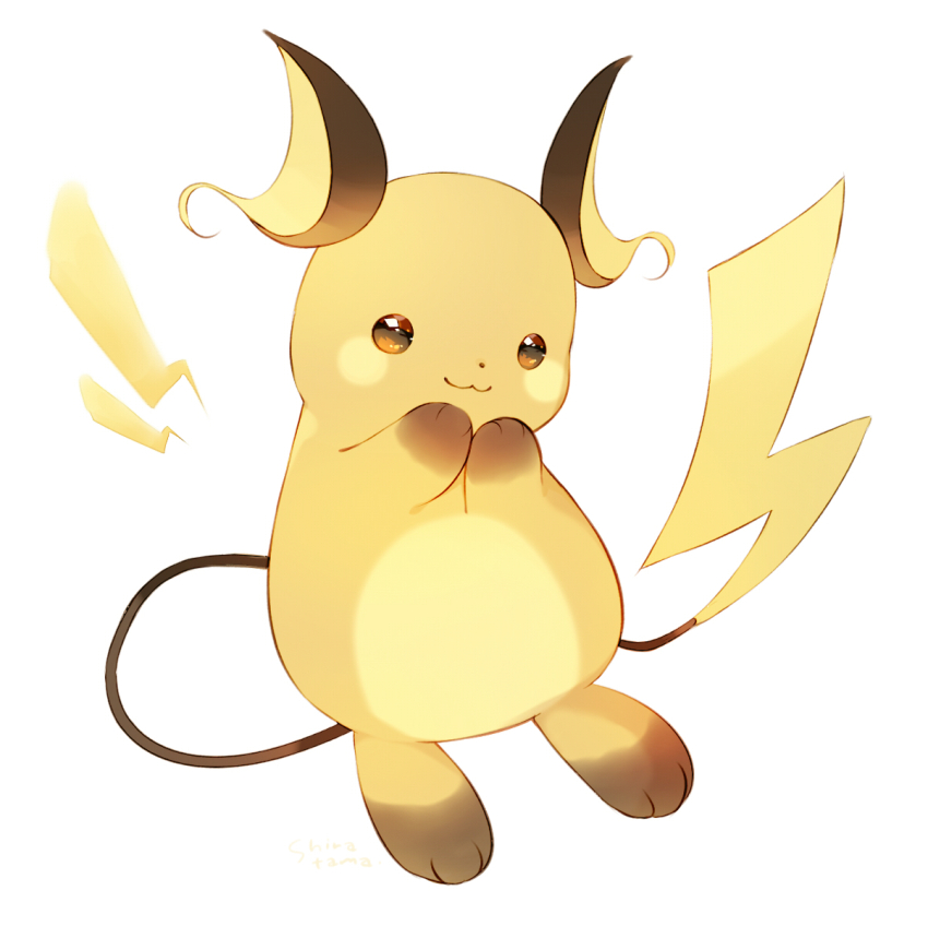 :3 brown_eyes closed_mouth commentary_request full_body gen_1_pokemon hand_to_own_mouth hands_up highres lightning_bolt_symbol looking_at_viewer nintendo no_humans pokemon pokemon_(creature) raichu shiratama_(shiratamaco) simple_background white_background