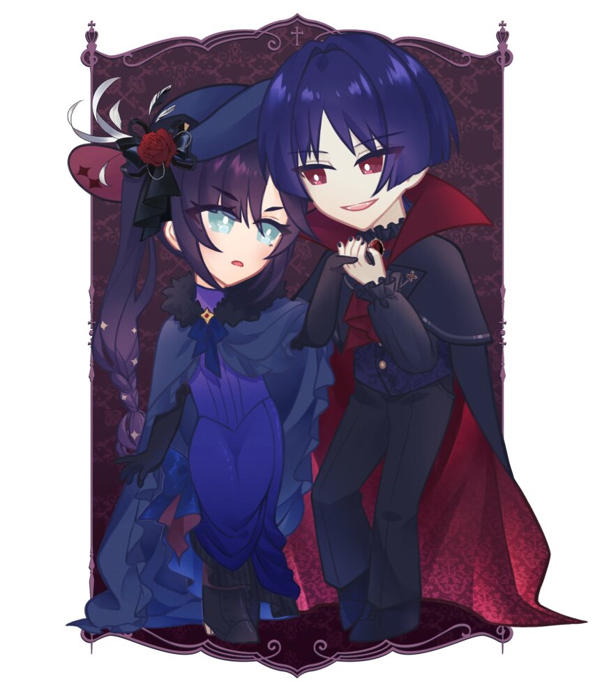 1boy 1girl alternate_costume alternate_hairstyle alternate_species alternate_universe aqua_eyes arm_at_side ascot black_boots black_cloak black_collar black_gloves black_hat black_pants black_ribbon blunt_ends boots border braid bright_pupils brooch cloak collar collared_cloak dress elbow_gloves eyelashes fangs flower formal_clothes frilled_cloak frilled_collar frills fur-trimmed_cloak fur_collar fur_trim gem genshin_impact gloves hair_intakes hat hat_flower hat_ribbon hetero high_collar high_side_ponytail highres holding_hands jewelry long_hair looking_at_another mona_(genshin_impact) open_hand open_mouth pants parted_bangs picture_hat purple_dress purple_hair purple_vest red_ascot red_background red_cloak red_collar red_eyes red_flower red_gemstone red_hat red_rose renacchi06 ribbon rose scaramouche_(genshin_impact) short_eyebrows side_ponytail side_ponytail_with_braided_base sidelocks smile standing star_(symbol) star_print teeth tsurime two-sided_cloak two-sided_fabric two-sided_headwear upper_teeth_only vampire vest white_border white_pupils wispy_bangs
