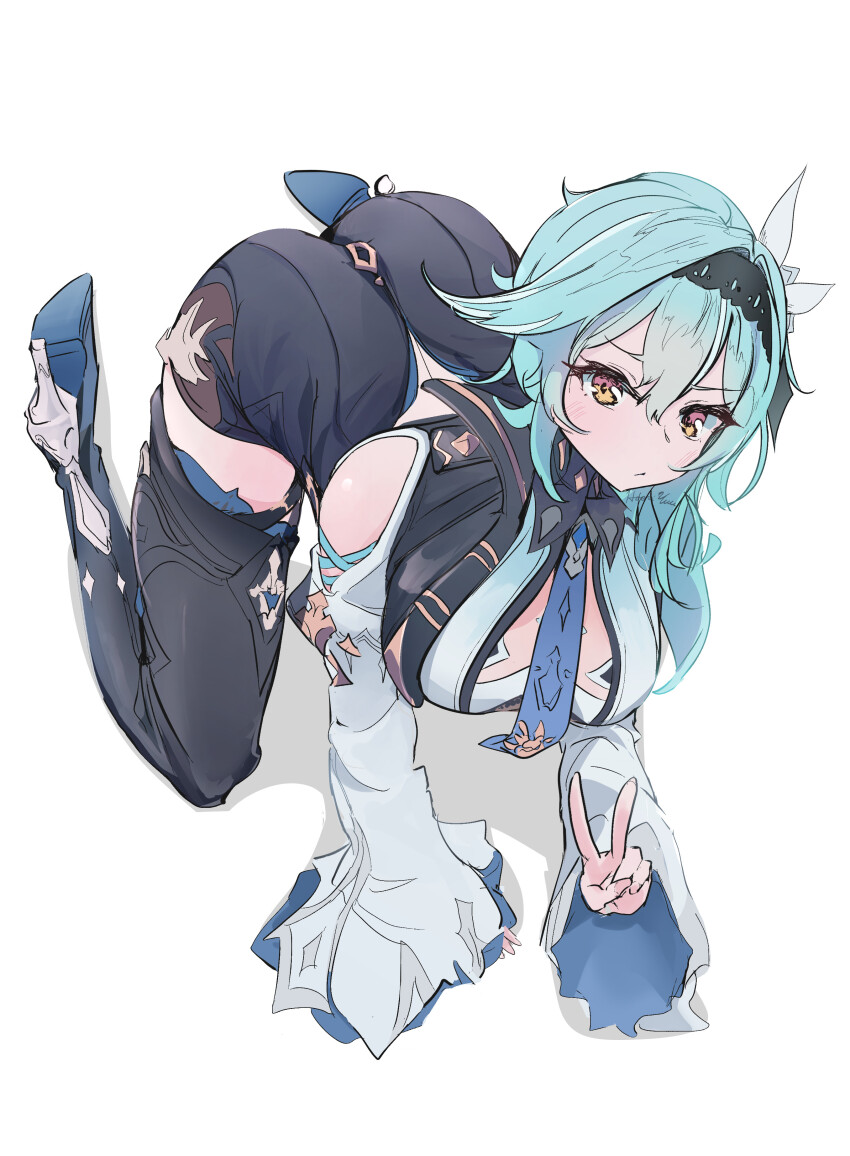 1girl absurdres all_fours ass black_boots black_hairband black_unitard blue_hair blue_necktie boots breasts commentary_request eula_(genshin_impact) from_above genshin_impact hairband high_heels highres hooriyuu large_breasts long_sleeves looking_at_viewer looking_up necktie simple_background solo thigh_boots v white_background yellow_eyes