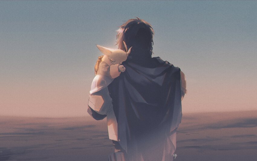 0109_(artist) 1boy alien armor body_armor cape carrying commentary_request concept_art din_djarin father_and_son gradient_sky grogu unworn_headwear helmet unworn_helmet highres mandalorian realistic science_fiction signature sketch sky sleeping star_wars the_mandalorian