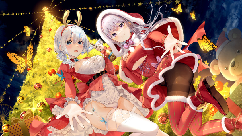 2girls a0lp bell blue_eyes boots bracelet braid breasts bug butterfly capelet christmas_tree cloud commentary_request corset earrings fur-trimmed_capelet fur-trimmed_hood fur-trimmed_legwear fur_trim garter_straps gift hair_between_eyes highres holding holding_bell hood insect jewelry korean_commentary leotard long_hair long_sleeves looking_at_viewer medium_breasts medium_hair multiple_girls night night_sky open_mouth original ornament outdoors outstretched_hand pantyhose purple_eyes purple_hair red_corset red_footwear red_hood red_thighhighs santa_capelet santa_hood sidelocks skirt sky stuffed_animal stuffed_toy teddy_bear thighhighs thighs twin_braids underboob white_corset white_leotard white_thighhighs
