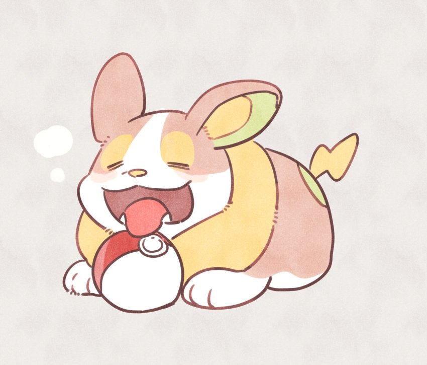 cetacea_kw closed_eyes dog gen_8_pokemon grey_background heavy_breathing highres lying nintendo no_humans on_stomach open_mouth poke_ball poke_ball_(basic) pokemon pokemon_(creature) simple_background solo tongue tongue_out welsh_corgi yamper