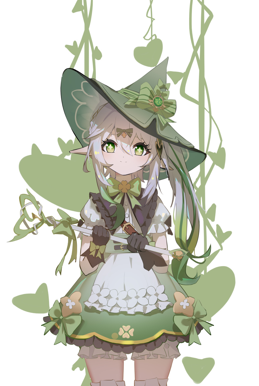 1girl absurdres belt black_gloves bloomers bow braid commentary_request cosplay crown_braid dress frilled_dress frills genshin_impact gloves gradient_hair green_eyes hair_between_eyes hair_bow hair_ribbon hat headpiece highres holding holding_wand klee_(blossoming_starlight)_(genshin_impact) klee_(genshin_impact) klee_(genshin_impact)_(cosplay) long_hair looking_at_viewer multicolored_hair nahida_(genshin_impact) pointy_ears qixia ribbon short_sleeves side_ponytail sidelocks simple_background single_braid solo streaked_hair thighhighs two-tone_hair underwear vision_(genshin_impact) wand white_background white_bloomers white_hair white_thighhighs witch_hat zettai_ryouiki
