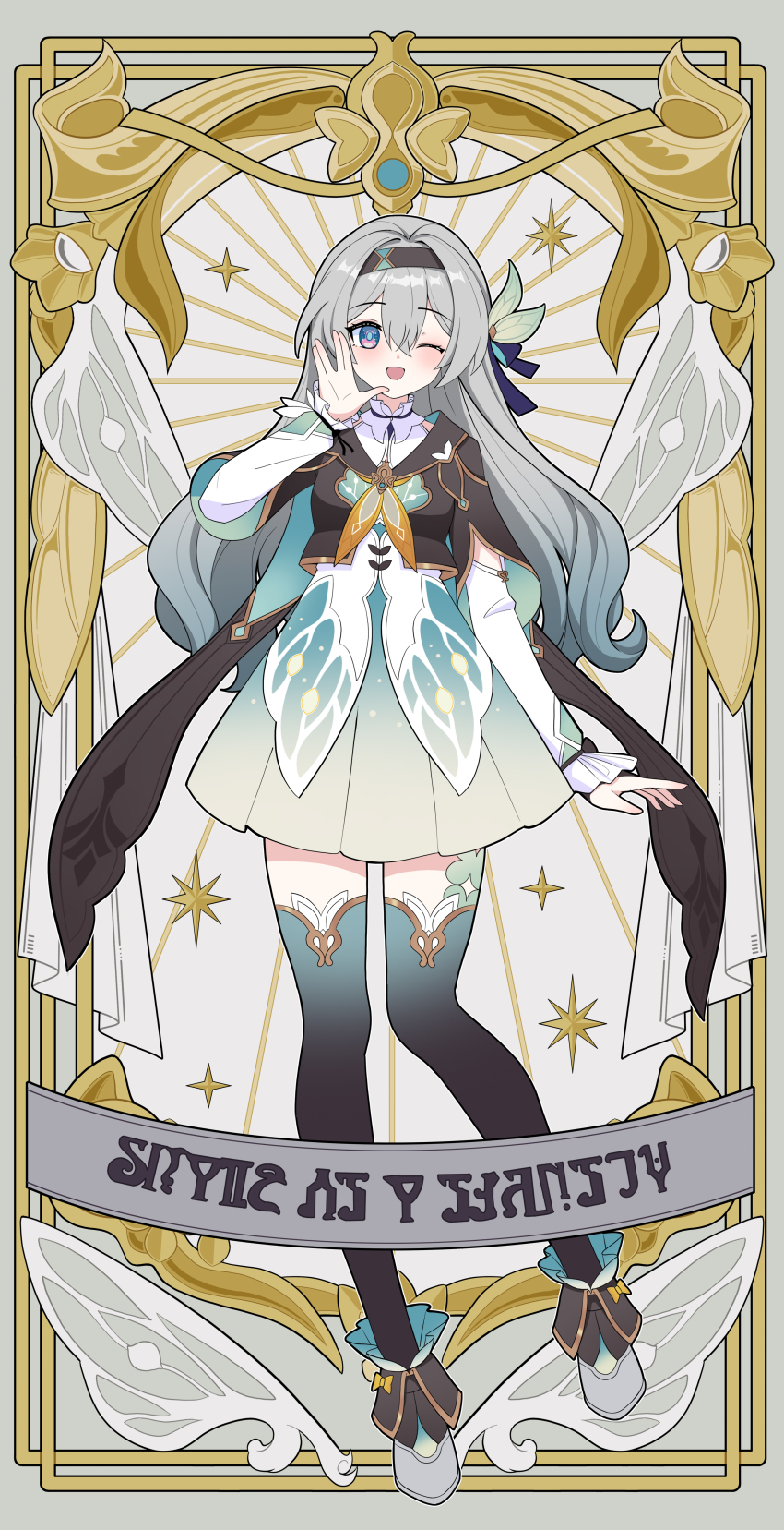 1girl absurdres aqua_skirt black_hairband black_jacket breasts cropped_jacket dress ff2074 firefly_(honkai:_star_rail) floating_hair grey_hair hair_between_eyes hairband highres honkai:_star_rail honkai_(series) jacket long_hair medium_breasts multicolored_eyes neckerchief one_eye_closed open_mouth orange_neckerchief skirt smile solo star_(symbol) tarot thighhighs two-tone_eyes