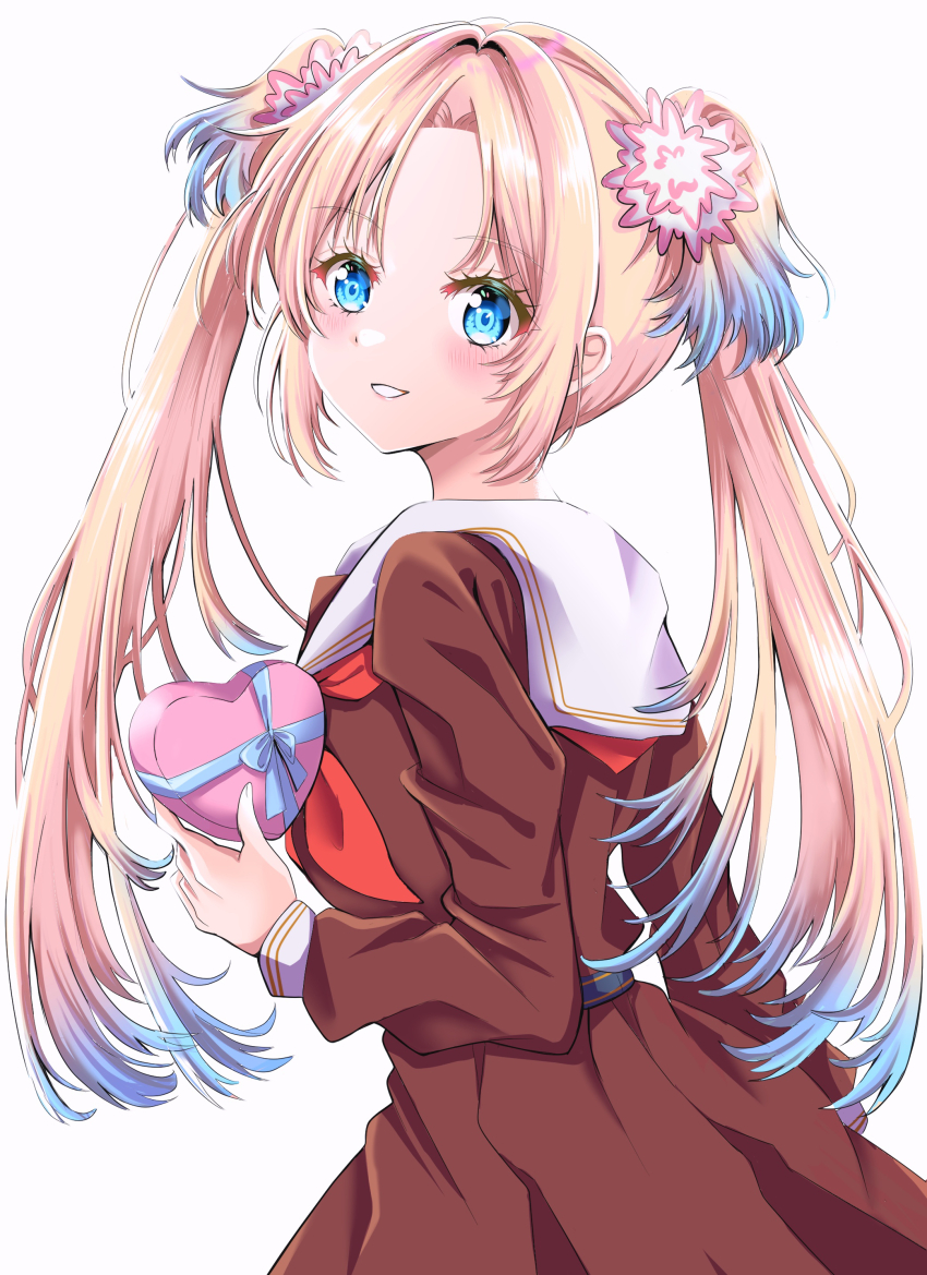 1girl absurdres hasu_no_sora_school_uniform highres link!_like!_love_live! looking_at_viewer love_live! maymaru open_mouth osawa_rurino smile solo twintails valentine