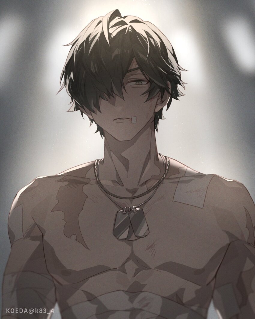 1boy artist_name bandaged_arm bandaged_torso bandages bandaid bandaid_on_arm bandaid_on_face bandaid_on_shoulder collarbone commentary dog_tags green_eyes green_hair hair_between_eyes hair_over_one_eye highres jewelry koeda_(k83_4) lighter_(zenless_zone_zero) looking_at_viewer male_focus necklace nipples one_eye_covered parted_bangs parted_lips pectorals red_pupils scar scar_on_arm scar_on_chest scar_on_shoulder scratches short_hair solo symbol-only_commentary twitter_username upper_body zenless_zone_zero