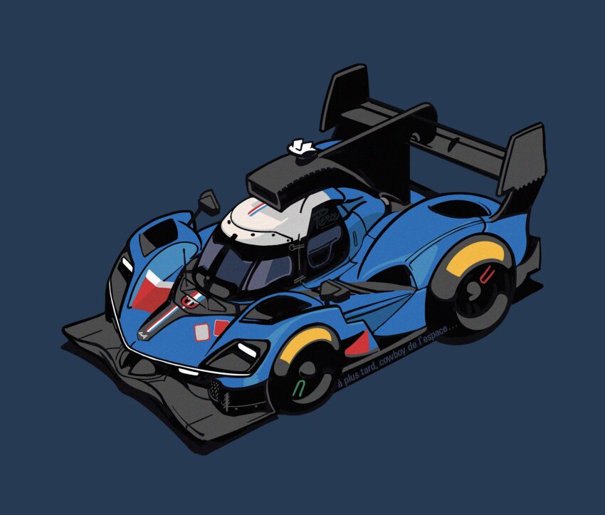 alpine_(carmaker) alpine_a424 blue_background blue_car car chibi french_commentary french_flag french_text from_above highres isometric le_mans_prototype motor_vehicle no_humans race_vehicle racecar spoiler_(automobile) vehicle_focus will_pierce world_endurance_championship
