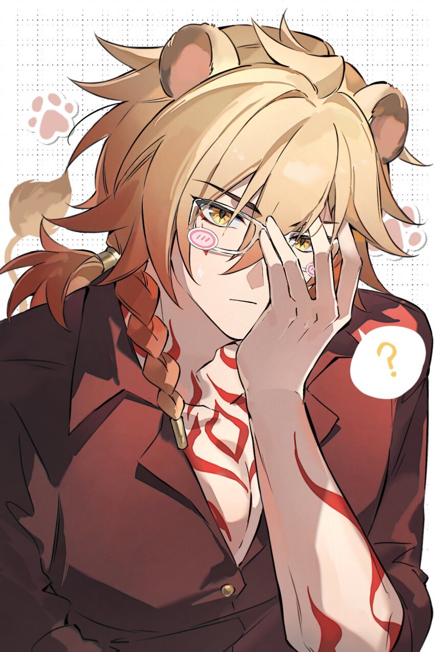 1boy animal_ears casual closed_mouth glasses highres honkai:_star_rail honkai_(series) male_focus mydei_(honkai:_star_rail) orange_hair osamu18568716 paw_print red_shirt red_tattoo shirt solo upper_body