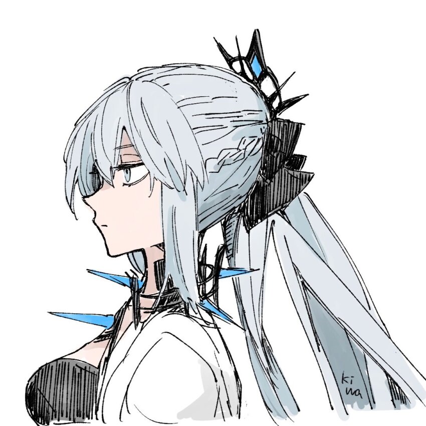 1girl black_bow blue_eyes bow braid fate/grand_order fate_(series) hair_between_eyes hair_bow half_up_braid ki_wa001 morgan_le_fay_(fate) morgan_le_fay_(third_ascension)_(fate) ponytail solo spikes tiara white_hair