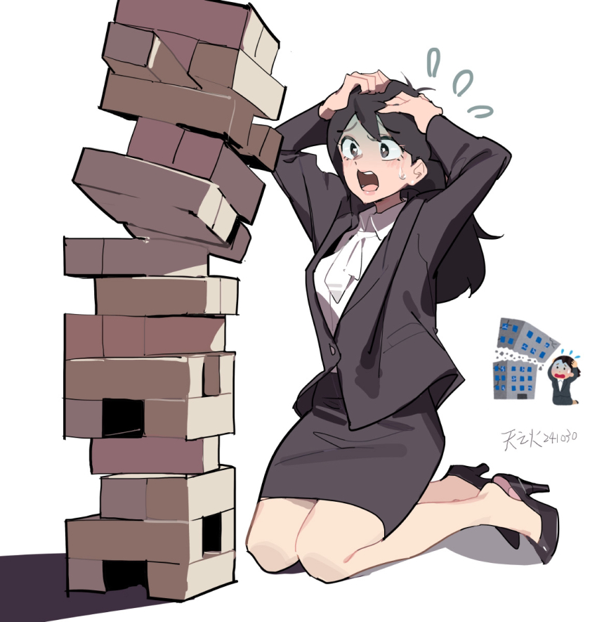 1girl arms_up black_eyes black_footwear black_hair black_jacket black_skirt blazer collared_shirt commentary_request failure flying_sweatdrops hands_on_own_head high_heels highres irasutoya irasutoya_challenge jacket jenga kneeling long_hair long_sleeves looking_at_object neckerchief office_lady pumps reference_inset shirt simple_background skirt solo sweatdrop tennohi white_background white_neckerchief white_shirt