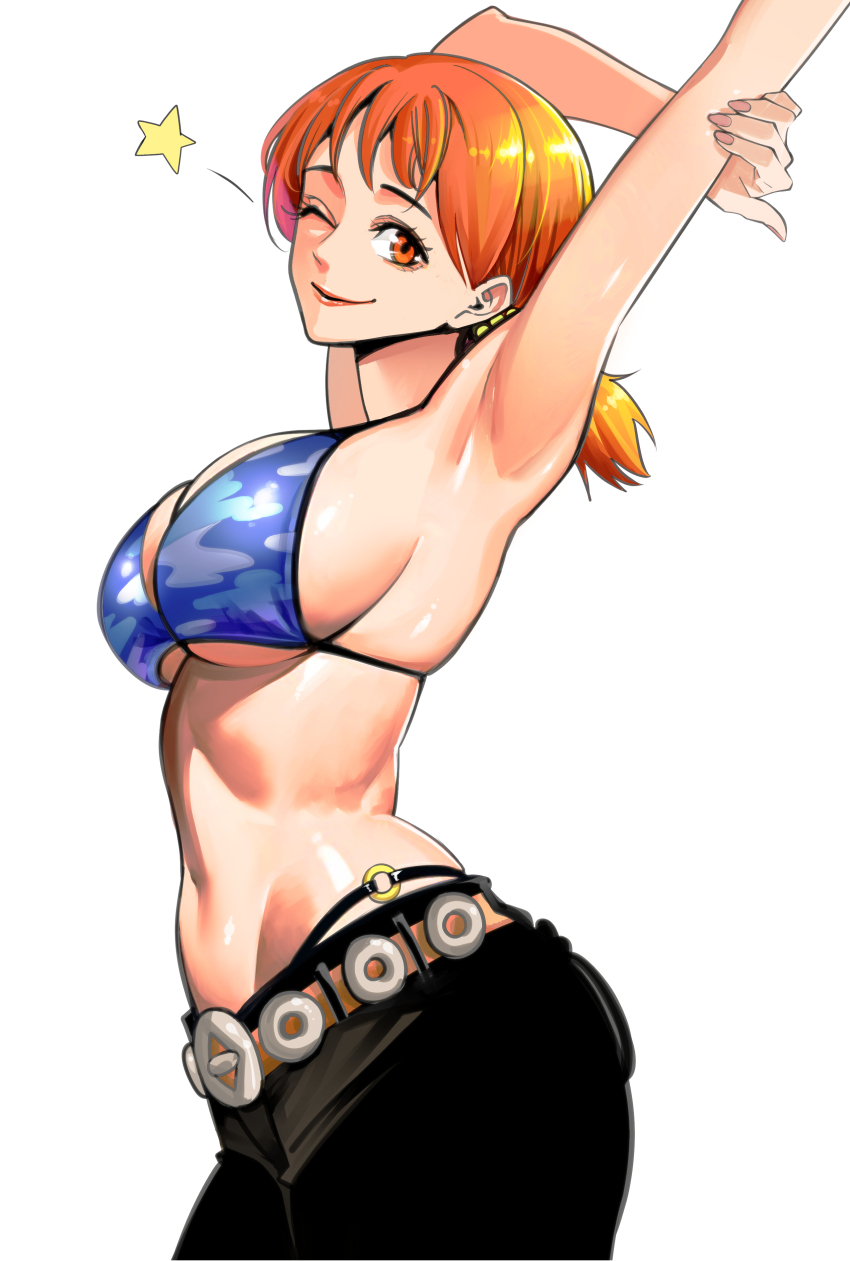 1girl absurdres armpits arms_up belt bikini black_pants blue_bikini breasts camouflage camouflage_bikini closed_mouth commentary from_side highleg highleg_bikini highres large_breasts looking_at_viewer looking_to_the_side low_twintails nadainishi nami_(one_piece) nami_(one_piece)_(skypiea) navel o-ring o-ring_bikini o-ring_bottom official_alternate_costume official_alternate_hairstyle one_eye_closed one_piece orange_eyes orange_hair pants short_hair sideboob simple_background smile solo star_(symbol) stomach string_bikini swimsuit twintails upper_body white_background