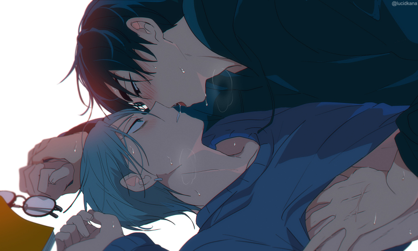 2boys after_kiss alien_stage artist_name black_eyes black_hair black_hoodie blue_sweater blush book commentary english_commentary glasses green_eyes grey_hair holding_another&#039;s_wrist hood hoodie ivan_(alien_stage) long_sleeves lucidkana male_focus multiple_boys puff_of_air saliva short_hair sweater till_(alien_stage) unworn_eyewear yaoi
