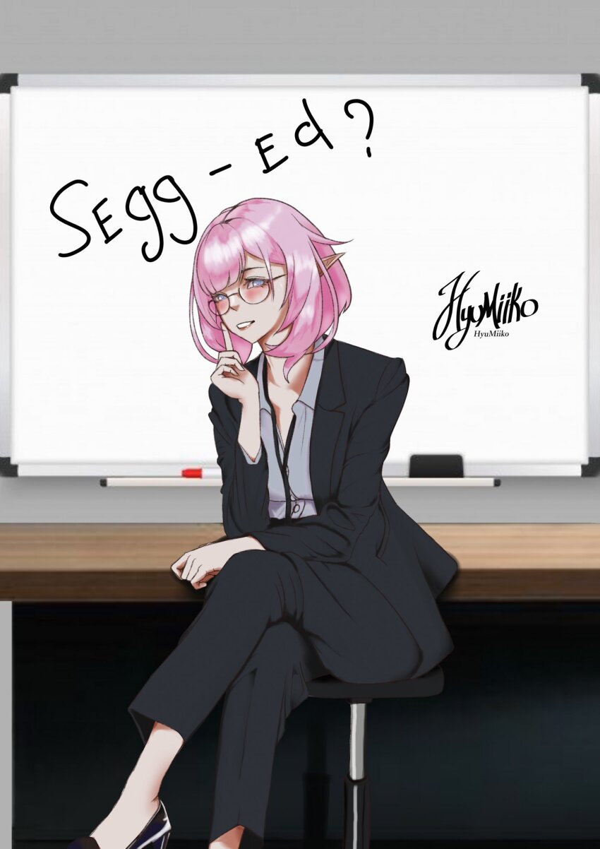 1girl artist_name black_pants black_vest blue_eyes board_eraser commentary crossed_legs elf elysia_(honkai_impact) english_commentary formal_clothes glasses grey_shirt high_heels highres honkai_(series) honkai_impact_3rd hyumiiko marker pants parted_lips pink_hair pointy_ears round_eyewear shirt sitting solo suit vest whiteboard