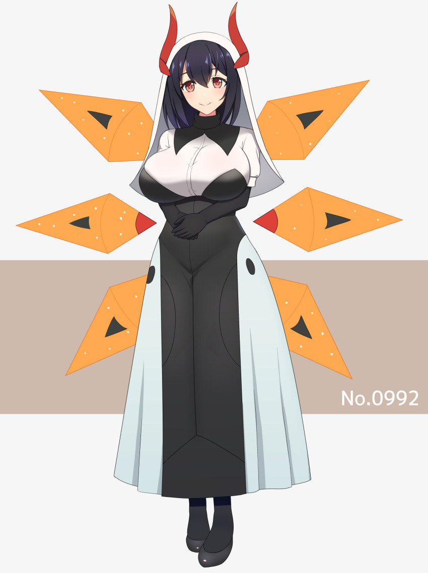 1girl black_footwear black_gloves black_hair breasts commentary_request dress elbow_gloves gloves hair_between_eyes highres horns iron_moth large_breasts looking_at_viewer nintendo own_hands_together personification pokedex_number pokemon red_eyes red_horns smile solo standing sumiboshi_(zatsuha) white_headwear
