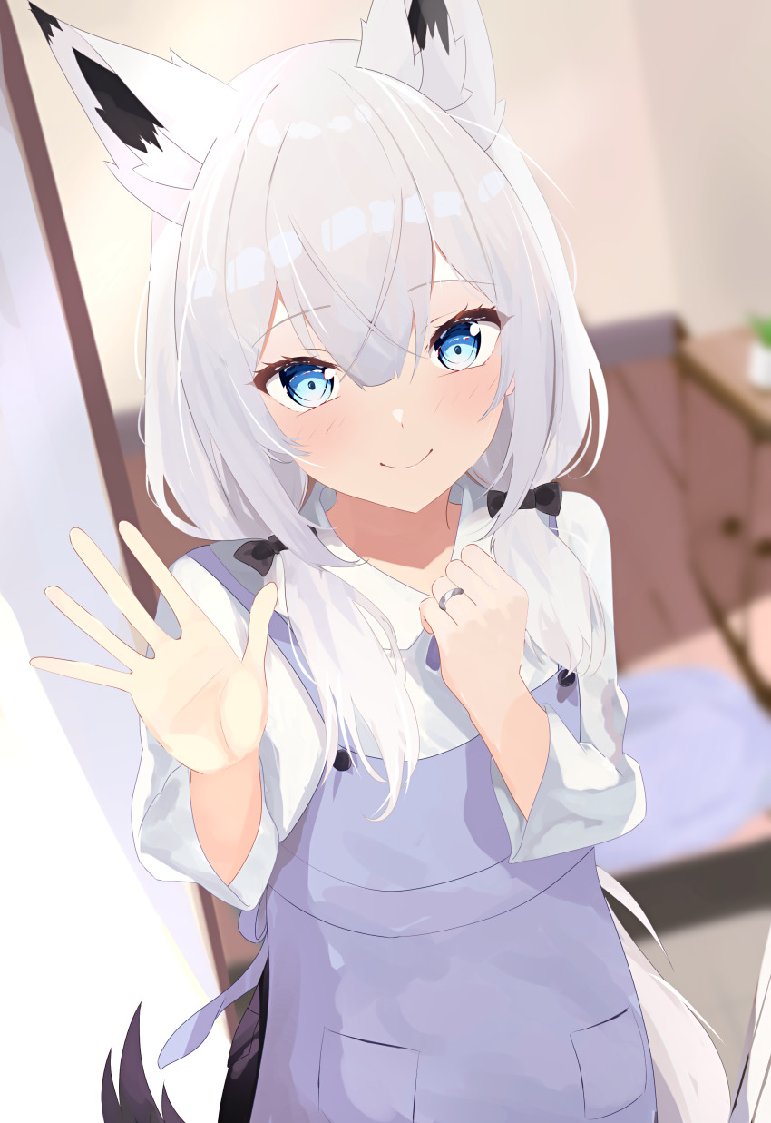 1girl absurdres animal_ears apron azur_lane black_ribbon blue_apron blue_eyes closed_mouth fox_ears fox_girl fox_tail hair_between_eyes hair_ribbon hands_up highres jewelry kawakaze_(azur_lane) light_blush long_hair looking_at_viewer low_twintails natsuki_(natsu_1936) ribbon ring smile solo tail twintails waving wedding_ring white_hair