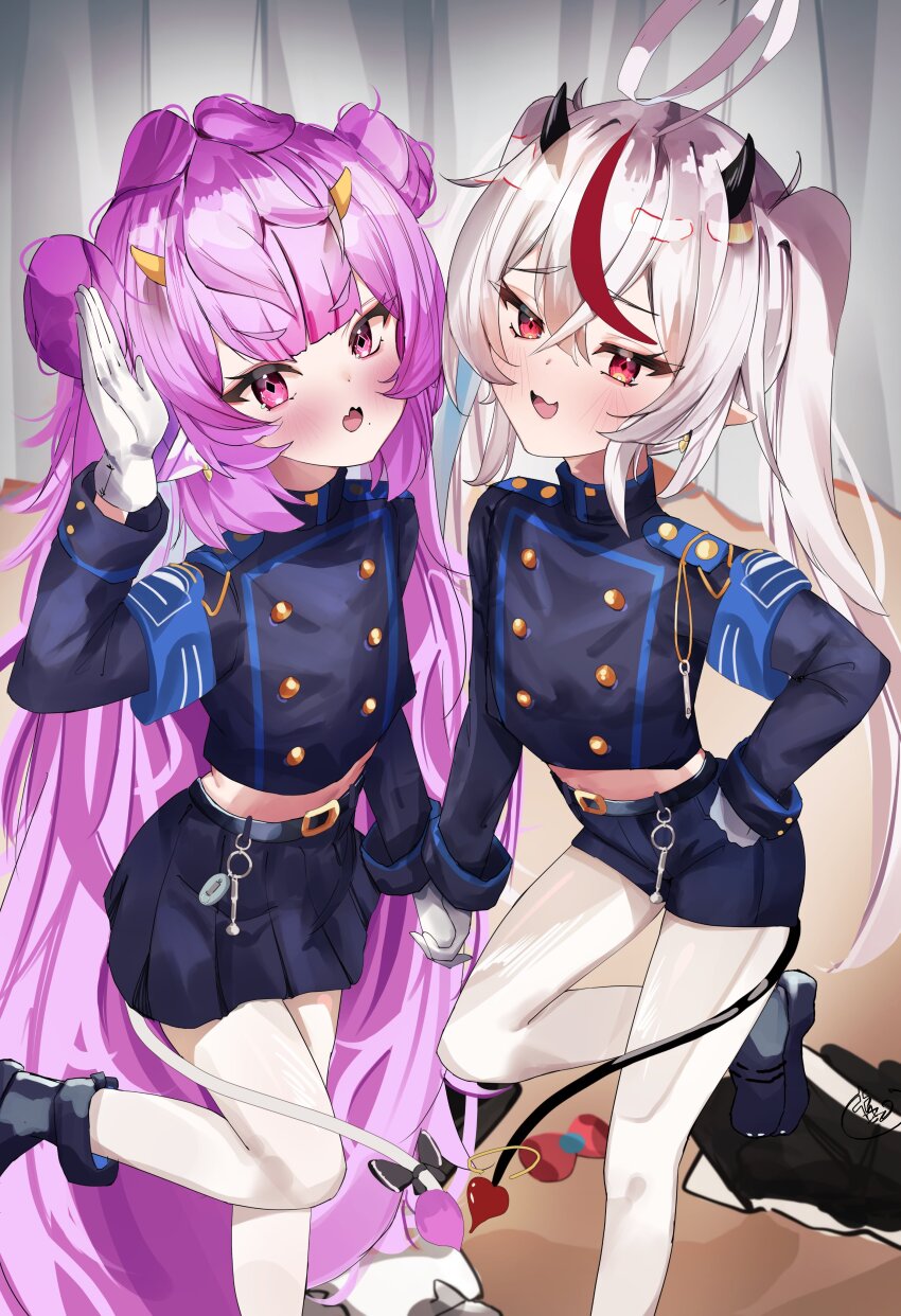 2girls absurdres ahoge animal_ears armband belt black_belt black_bow black_horns black_jacket black_shoes black_shorts black_skirt blue_armband bow buttons cosplay cow_ears cow_horns cow_tail demon_tail double-breasted double_bun flat_chest gloves hair_bun highres hikari_(blue_archive) hikari_(blue_archive)_(cosplay) horns jacket multicolored_hair multiple_girls muu_muyu nozomi_(blue_archive) nozomi_(blue_archive)_(cosplay) open_mouth pantyhose phase_connect pink_eyes pleated_skirt pointy_ears purple_hair red_eyes red_hair remilia_nephys shoes shorts skirt streaked_hair taekaze7 tail tail_bow tail_ornament virtual_youtuber white_gloves white_hair white_pantyhose yellow_horns
