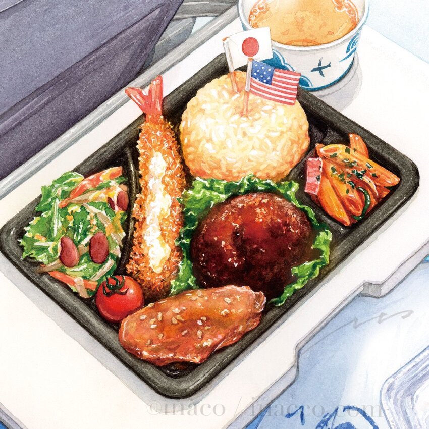 american_flag carrot_slice cherry_tomato food food_focus fried_rice hamburger_steak inaco japanese_flag meat no_humans original pasta rice salad shrimp shrimp_tempura tempura tomato tray