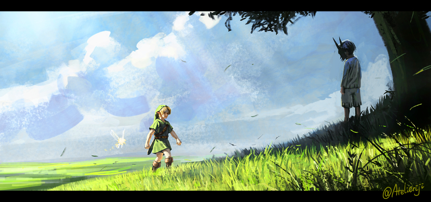 2boys ag+_(atelieriji) blonde_hair blue_sky boots day fairy field grass highres letterboxed link majora_(entity) mask moon_children multiple_boys nintendo outdoors pointy_ears scenery shade sky spoilers tatl the_legend_of_zelda the_legend_of_zelda:_majora&#039;s_mask tree walking young_link