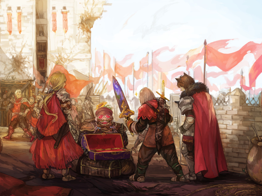 1girl 6+boys akaneko_(redakanekocat) animal_ears armor battle_standard blnk cape capelet commentary_request facial_hair flag fur_trim highres holding holding_sword holding_weapon multiple_boys mustache outdoors pauldrons pixiv_fantasia pixiv_fantasia_t ponytail red-tinted_eyewear red_cape red_flag sheath sheathed shoulder_armor sparkle sparkling_aura sword tinted_eyewear treasure_chest war_flag weapon