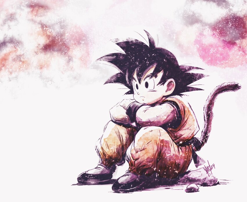 1boy alzandahh black_eyes black_hair commentary dragon_ball highres knees_up male_focus monkey_tail orange_pants orange_shirt pants shirt shoes sitting solo son_goku tail wristband