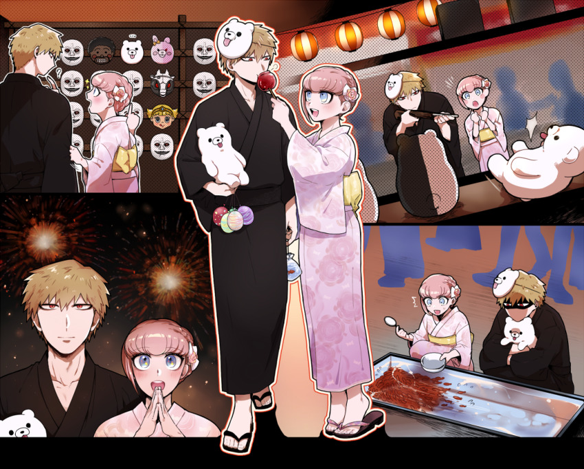 1boy 1girl :d :o ? afro alternate_costume ando_ruruka bandai_daisaku bear_mask blonde_hair blush bow candy_apple collarbone danganronpa_(series) danganronpa_2:_goodbye_despair danganronpa_3_(anime) egg festival fireworks fish food grin gun hair_bow holding holding_gun holding_weapon izayoi_sounosuke japanese_clothes kimono looking_at_another mask monokuma monomi_(danganronpa) notice_lines obi open_mouth pink_hair pink_kimono sandals sash shimada_(dmisx) shirokuma_(danganronpa) short_hair smile stuffed_animal stuffed_toy teddy_bear teeth weapon white_bow zouri