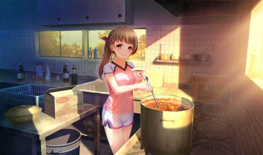 1girl bow box cardboard_box cinderella_series closed_mouth cooking cooking_pot curry film_grain food game_cg hachigatsu_no_cinderella_nine hair_bow hair_ornament hairclip highres holding holding_ladle holding_plate indoors kitchen ladle light_brown_hair light_particles long_hair looking_at_viewer multicolored_shirt naoe_tayu non-web_source official_art plastic_bottle plate ponytail red_bow red_eyes short_sleeves shorts smile solo standing stove sunlight tasting_plate tile_floor tiles white_shorts wind