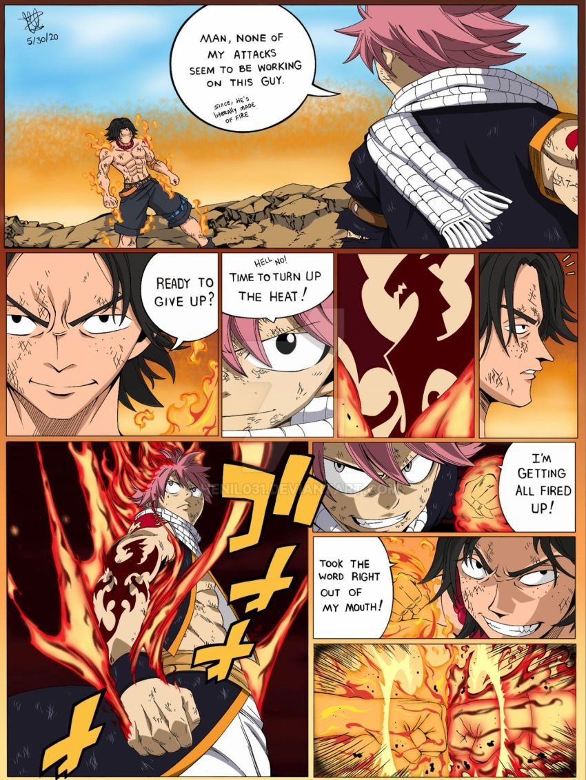 2boys bare_shoulders black_hair clash clenched_hands crossover death_battle fairy_tail fighting fire freckles glowing glowing_fist grin hat henil031 highres jewelry male_focus multiple_boys natsu_dragneel necklace one_piece pink_hair portgas_d._ace scarf topless_male smile speech_bubble spiked_hair straw_hat tattoo watermark web_address