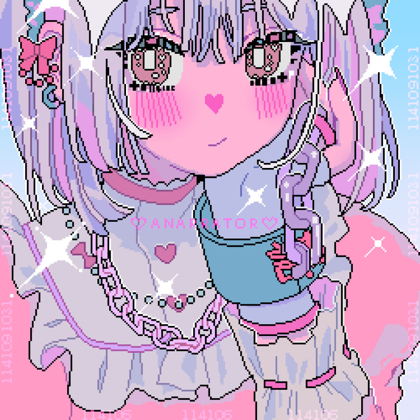 1girl animated animated_gif apangbai_(anarrator) bead_necklace beads blinking blue_background blush bow bow_earrings bright_pupils brown_eyes buttons chain chain_necklace closed_mouth colored_inner_hair cuffs dress earrings eyelashes face_piercing facial_tattoo forehead_piercing frilled_dress frilled_shirt frilled_sleeves frills gradient_background grey_hair hand_on_own_cheek hand_on_own_face heart heart_button heart_tattoo highres hoop_earrings jewelry juliet_sleeves light_smile long_sleeves looking_at_viewer looping_animation medium_hair multicolored_hair multiple_earrings necklace original outline piercing pink_bow pink_dress pink_hair pixel_art puffy_sleeves ribbon-trimmed_sleeves ribbon_trim shackles shirt shirt_under_dress solo sparkle square_neckline tattoo turtleneck turtleneck_shirt upper_body white_outline white_pupils white_shirt