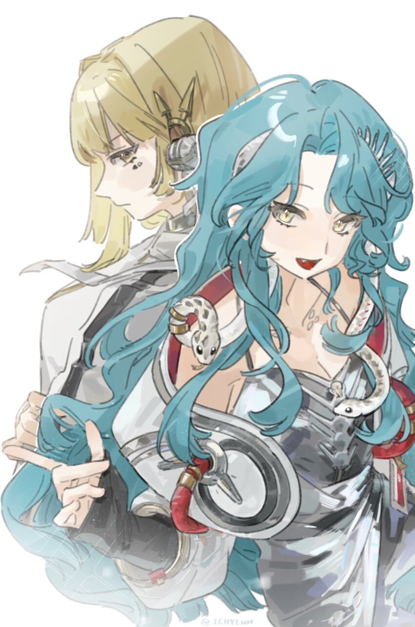 2girls :d back-to-back bare_shoulders blonde_hair blue_hair breasts cleavage coat dress fang from_above green_eyes grey_coat grey_dress hand_up highres hissabeth ichyenn jacket long_hair looking_at_viewer mark_under_eye multiple_girls open_mouth pointer_(reverse:1999) profile red_pupils reverse:1999 short_hair sleeveless sleeveless_dress smile snake snake_on_head spaghetti_strap upper_body white_background white_jacket yellow_eyes