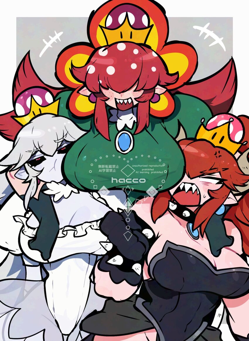 +++ 3girls anger_vein annoyed armlet bare_shoulders black_gloves black_leotard black_sclera blank_eyes blue_gemstone bowsette bracelet breasts brooch cleavage collar colored_sclera colored_skin dress earrings face_to_breasts frown gem gloves green_dress hacco_mayu hair_over_eyes high_heels highres horns huge_breasts jewelry leg_up leotard long_hair long_sidelocks mario_(series) multiple_girls new_super_mario_bros._u_deluxe nintendo open_mouth polka_dot_hair princess_king_boo princess_petey_piranha puffy_short_sleeves puffy_sleeves red_eyes red_footwear red_hair scoop_neck sharp_teeth short_sleeves showgirl_skirt sidelocks size_difference smile sphere_earrings spiked_armlet spiked_bracelet spiked_collar spikes strapless strapless_leotard super_crown teeth tongue tongue_out unamused v-shaped_eyebrows very_long_hair white_hair white_leotard white_skin
