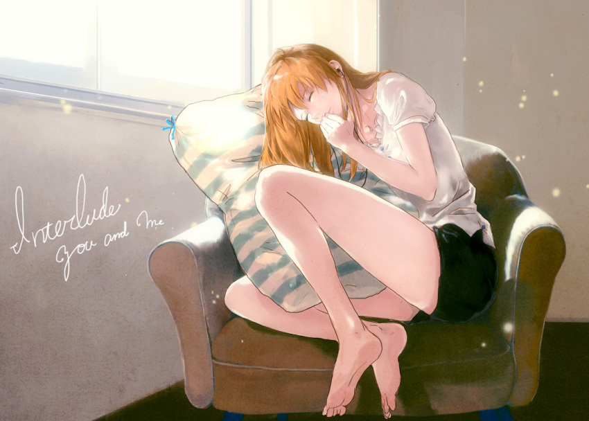 1girl bad_id bad_pixiv_id barefoot between_thighs blouse brown_hair chair closed_eyes couch cushion earphones feet female_focus hand_to_own_mouth indoors legs long_hair neon_genesis_evangelion niko_(silent.whitesnow) shirt shorts sitting smile solo souryuu_asuka_langley thighs window