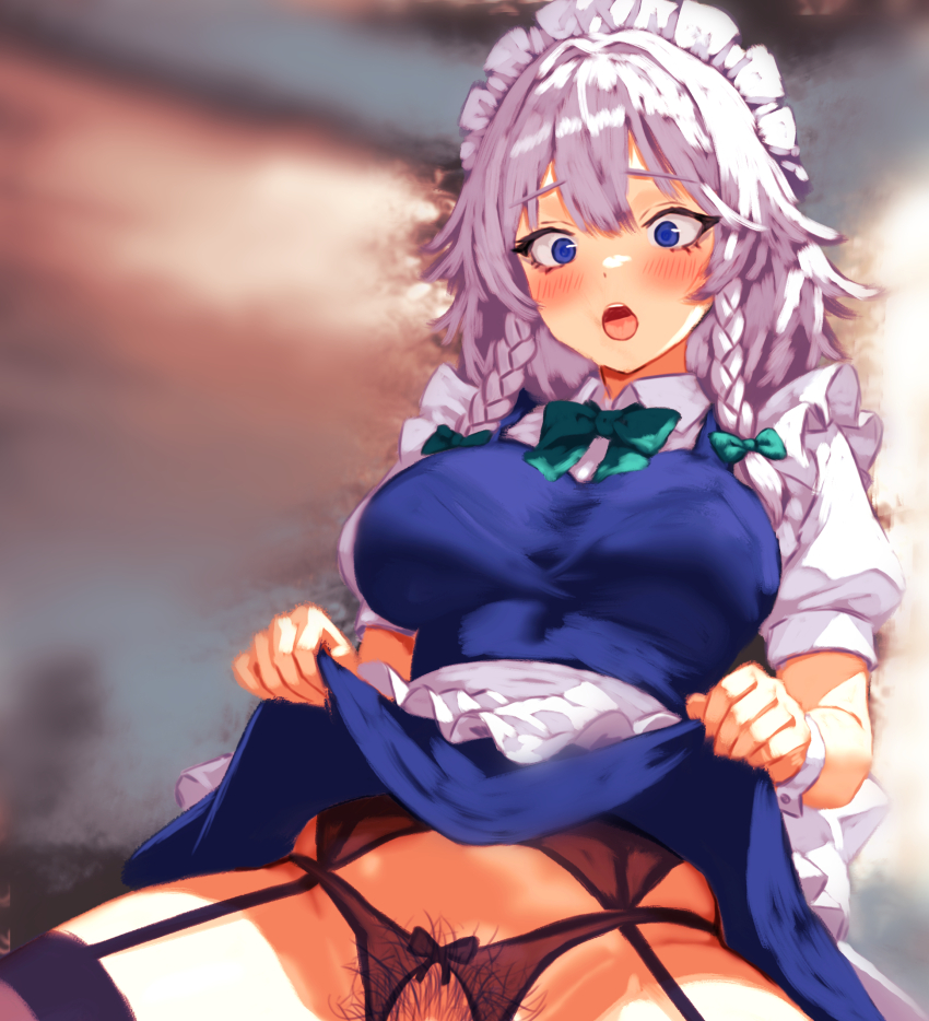 1girl absurdres apron black_garter_belt black_hair blue_eyes blush bow bowtie braid breasts clothes_lift collared_shirt female_pubic_hair flandzen garter_belt green_bow grey_hair highres izayoi_sakuya lace lace-trimmed_garter_belt lace-trimmed_legwear lace_trim large_breasts maid maid_headdress mismatched_pubic_hair no_panties open_mouth pubic_hair puffy_short_sleeves puffy_sleeves shirt short_sleeves sitting skirt skirt_lift thighhighs touhou twin_braids waist_apron white_shirt