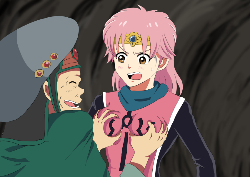 1boy 1girl age_difference angry breasts brown_hair dragon_quest dragon_quest_dai_no_daibouken grabbing_another&#039;s_breast grin groping hat highres laughing long_sleeves looking_at_another maam matoriv_(dai_no_daibouken) older_man_and_younger_girl open_mouth pervert pink_hair smile standing sweat tiara upper_body