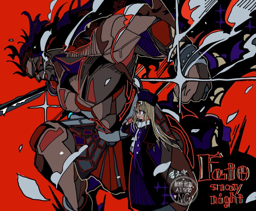1boy 1girl armlet armor artist_name black_hair black_sclera blonde_hair capelet coat colored_sclera copyright_name dark-skinned_male dark_skin fate/stay_night fate_(series) hair_between_eyes hat heracles_(fate) highres holding illyasviel_von_einzbern ima_mo_nao_kangaechuu jewelry long_hair muscular nameless_axe-sword_(fate) open_mouth purple_capelet purple_coat red_background red_eyes scarf sidelocks smile smoke sparkle_background sword watermark weapon white_scarf