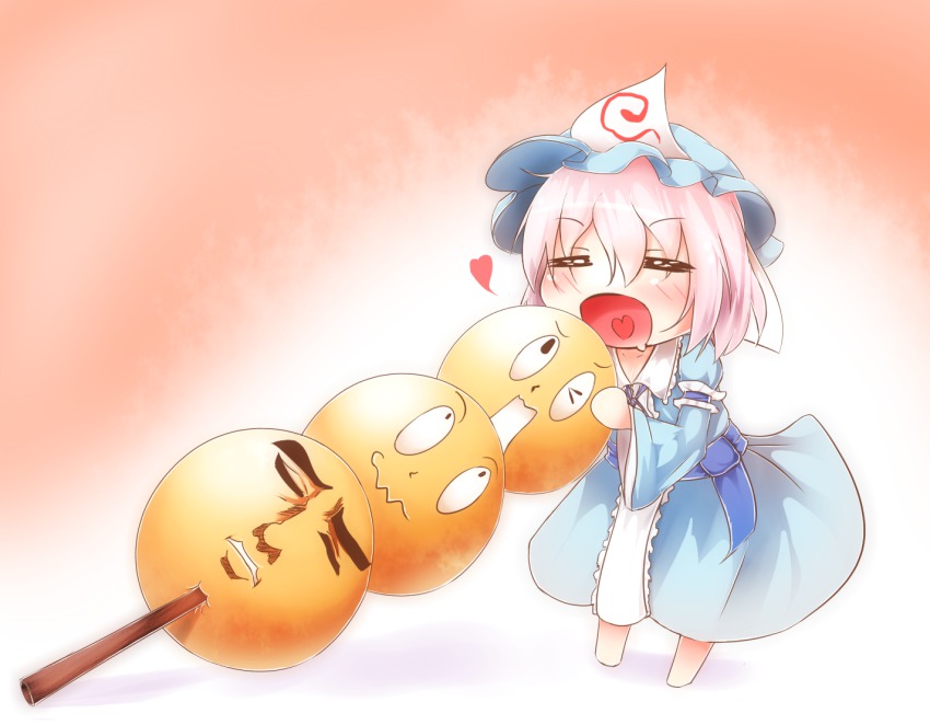 1girl =_= abe_takakazu bikuseno blue_dress blush chibi closed_eyes dango dango_sankyoudai dress drooling female_focus food hat heart kuso_miso_technique long_sleeves mini_person minigirl open_mouth pink_hair saigyouji_yuyuko sash solo touhou triangular_headpiece veil wagashi wavy_mouth wide_sleeves yaranaika