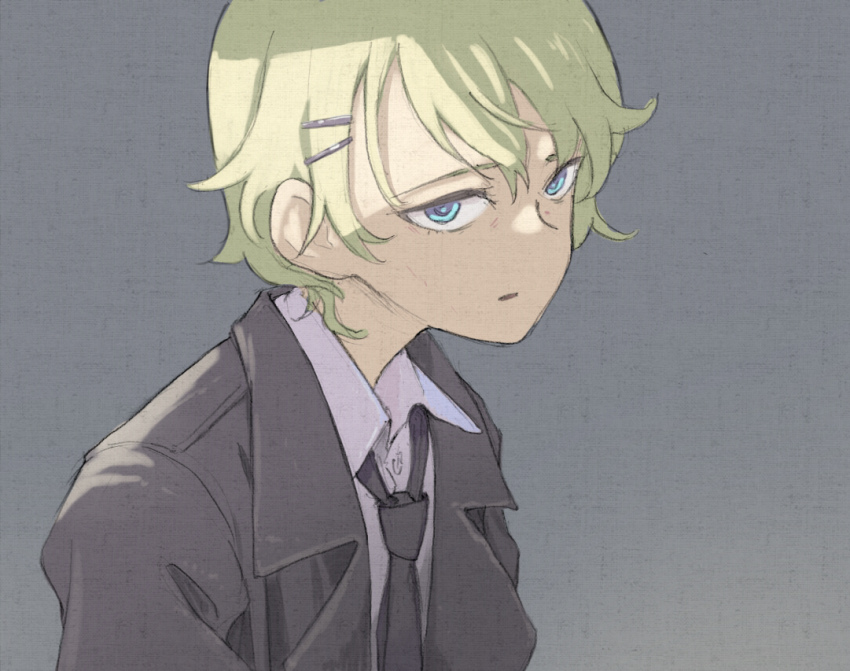 1girl black_jacket black_necktie blue_eyes chris_keera closed_mouth collared_shirt commentary_request curly_hair dress_shirt formal_clothes green_hair grey_background hair_between_eyes hair_ornament hairpin half-closed_eyes jacket looking_at_viewer loose_necktie multiple_hairpins necktie noble_witches open_clothes open_jacket shiratama_(hockey) shirt short_hair sidelocks sleepy solo suit suit_jacket three_quarter_view upper_body world_witches_series