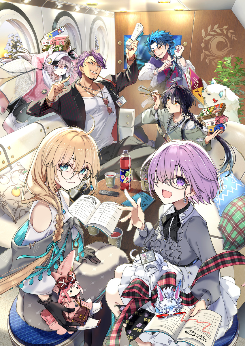 1other 2boys 3girls absurdres aesc_(fate) aesc_(rain_witch)_(fate) ahoge black_hair blonde_hair blue_eyes blush book bottle braid braided_ponytail breasts brown_eyes carimarica cellphone chaldea_logo character_doll couch cu_chulainn_(fate) cup cushion dog duryodhana_(fate) earrings facial_hair fate/grand_order fate_(series) feather_hair_ornament feathers fou_(fate) glasses gloves goatee grin habetrot_(fate) hair_between_eyes hair_ornament hair_over_one_eye hat highres holding holding_bento holding_book id_card indoors jacket jewelry large_breasts long_hair long_sleeves looking_at_viewer mash_kyrielight medium_breasts multiple_boys multiple_girls necklace official_art on_couch open_clothes open_jacket open_mouth orange_eyes phone pink_hair plant potted_plant purple_eyes purple_hair red_eyes round_eyewear saika_magoichi_(fate) setanta_(fate) shirt short_hair side_ponytail sidelocks sitting small_breasts smartphone smile standing stuffed_toy table unworn_eyewear watch white_hair wristwatch yamato_takeru_(fate)