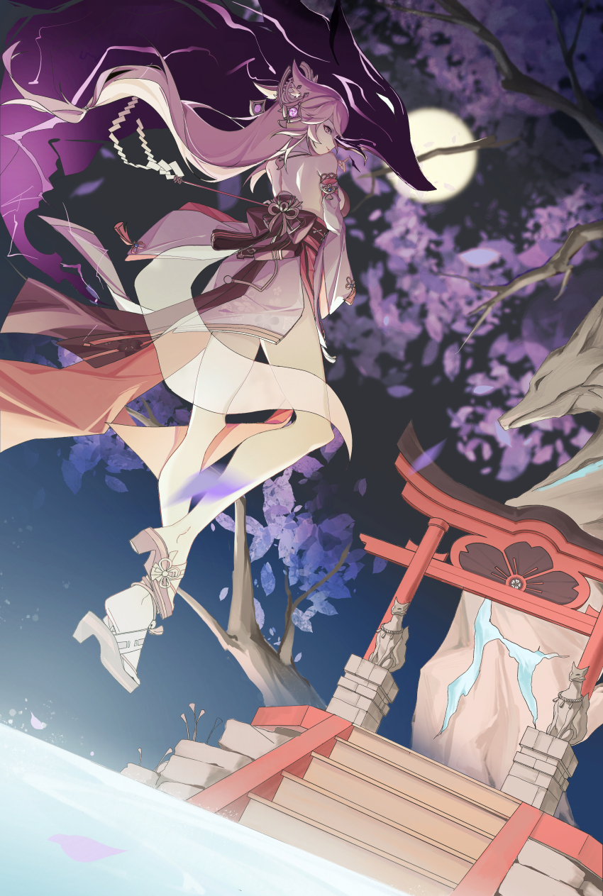 1girl absurdres animal_ears back_bow backless_dress backless_outfit bare_legs bare_shoulders blurry blurry_background bow branch breasts cherry_blossoms crossed_arms detached_sleeves dress floating floral_print fox_ears from_below full_moon genshin_impact glowing_liquid hair_ornament halter_dress halterneck highres large_breasts long_hair looking_at_viewer looking_back low-tied_long_hair median_furrow midair moon night night_sky pink_dress pink_eyes pink_hair pond sandals shoulder_blades sideways_glance sky solo spirit stairs statue tassel torii tree yae_miko yanjie