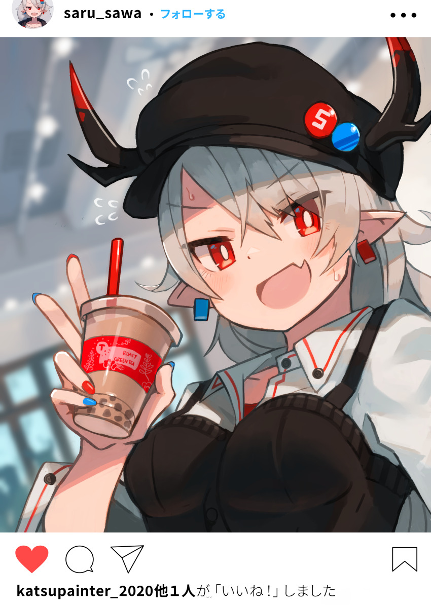 1girl absurdres black_hat bright_pupils bubble_tea cup drinking_straw earclip fake_phone_screenshot fake_screenshot grey_hair hat highres holding holding_cup horns instagram_username katsu_(katsupainter) long_hair looking_at_viewer open_mouth original pointy_ears red_eyes sarusawa_ikue selfie shirt solo sweatdrop upper_body white_pupils white_shirt